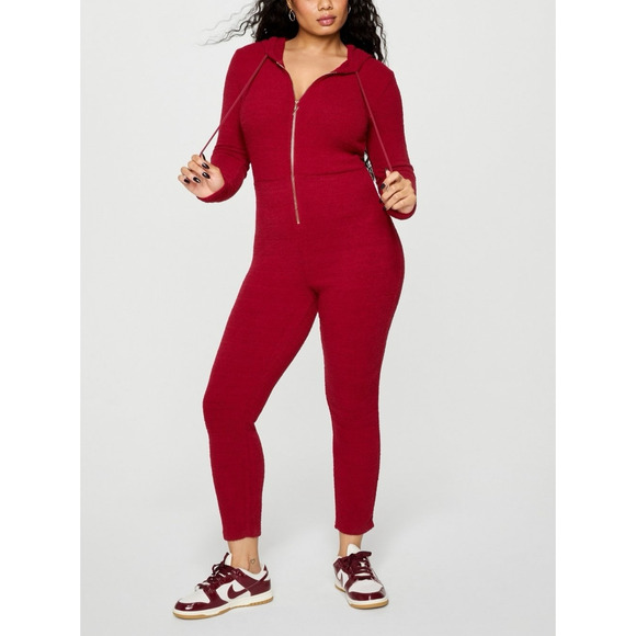 YITTY Pants - Yitty One Piece PJ Lounge Set Womens Medium Merlot Jumpsuit Pet Me Heart Pocket